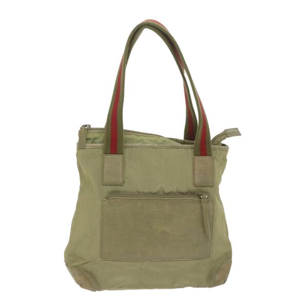 GUCCI Sherry Line Hand Bag Nylon Khaki Red 019 0402 019 0402 - Picture 2 of 12